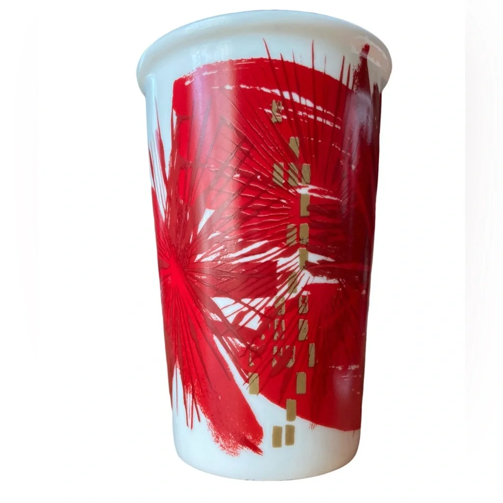 Starbucks 2014 Holiday Red Starburst Ceramic Tall 12 oz Pair of Coffee Mugs